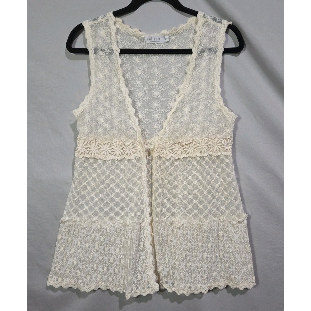Solitaire by Ravi Khosla Boho Hippie Fairy Crochet Layering Sheer Cream Vest MED